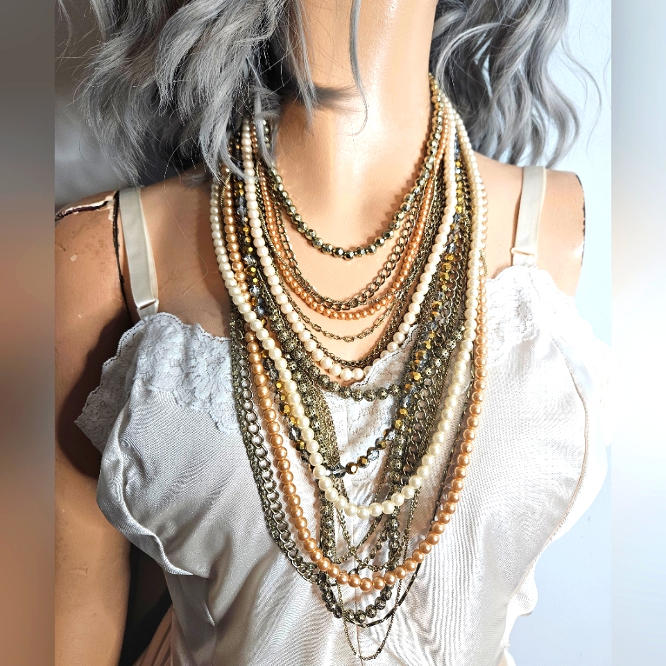 Sequin Multi-Strain Necklace Faux Pearls Gold Tone Crystals 20 Strains 13 45$